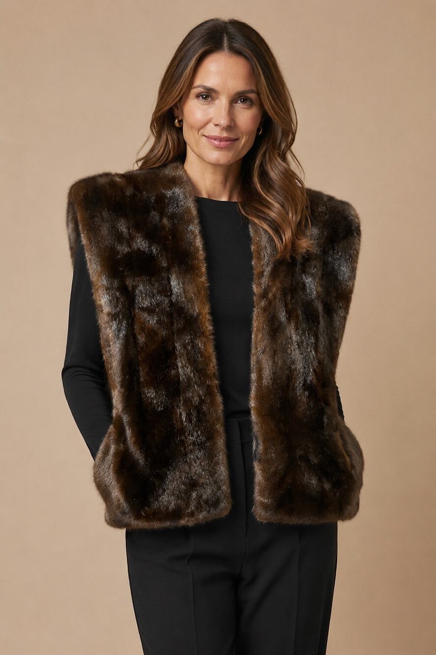 Donna Salyers Fabulous-Furs Brown Faux Mink Cape Poncho Vest Size Medium